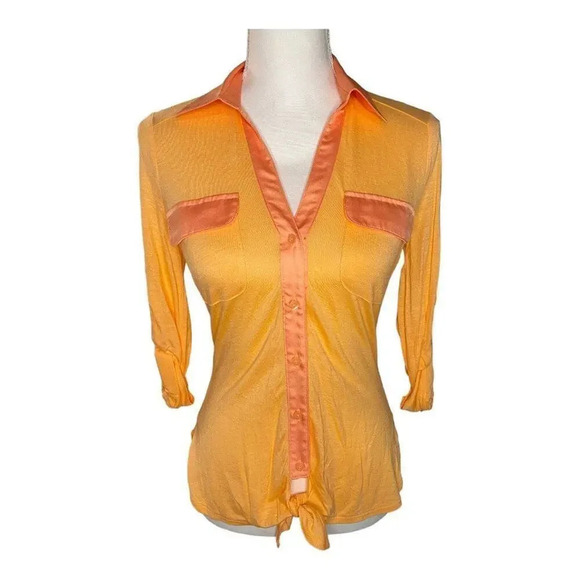 NEW Candie’s Women’s Small Cantaloupe 3/4 Sleeve Stretchy Front Tie Button Top - Picture 1 of 4